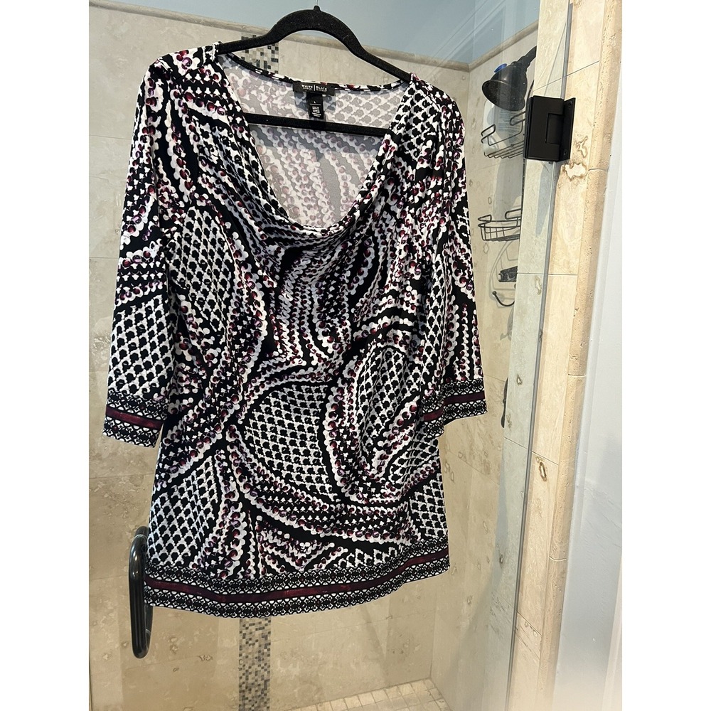 White House Black Market Red White Purple Floral Chain Cowl Neck Tunic Top L